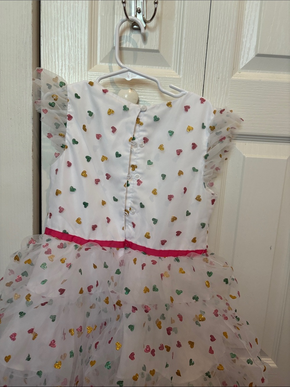 White Tulle Heart Print Party Dress with Pink Waist - Picture 7 of 8